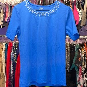 Alia ladies Petites blue tank top size SP design on front silver around neck